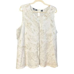 Lands’ End 100% Linen Sleeveless Top 3X Tan Palm Trees Coastal Resort Flowy